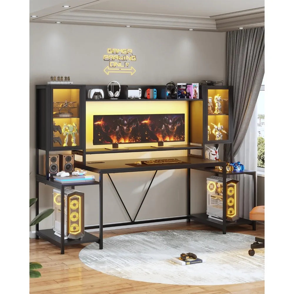 Gaming Desk with LED Lights and Storage Shelves for PC Gamers