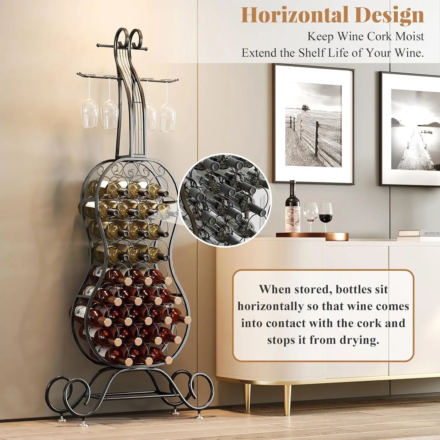 Freestanding Wine Rack Storage for 32 Bottles with Glass Holder