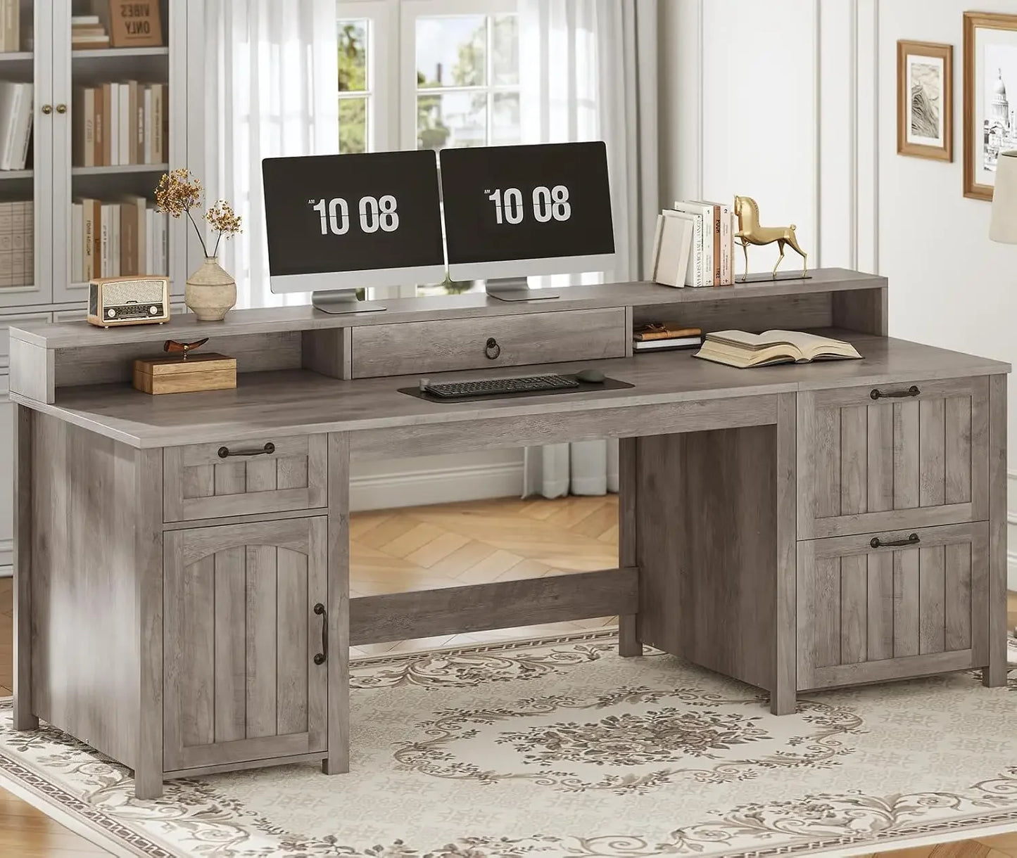 Farmhouse 63 Inch Executive Desk with Storage for Home Office Organization