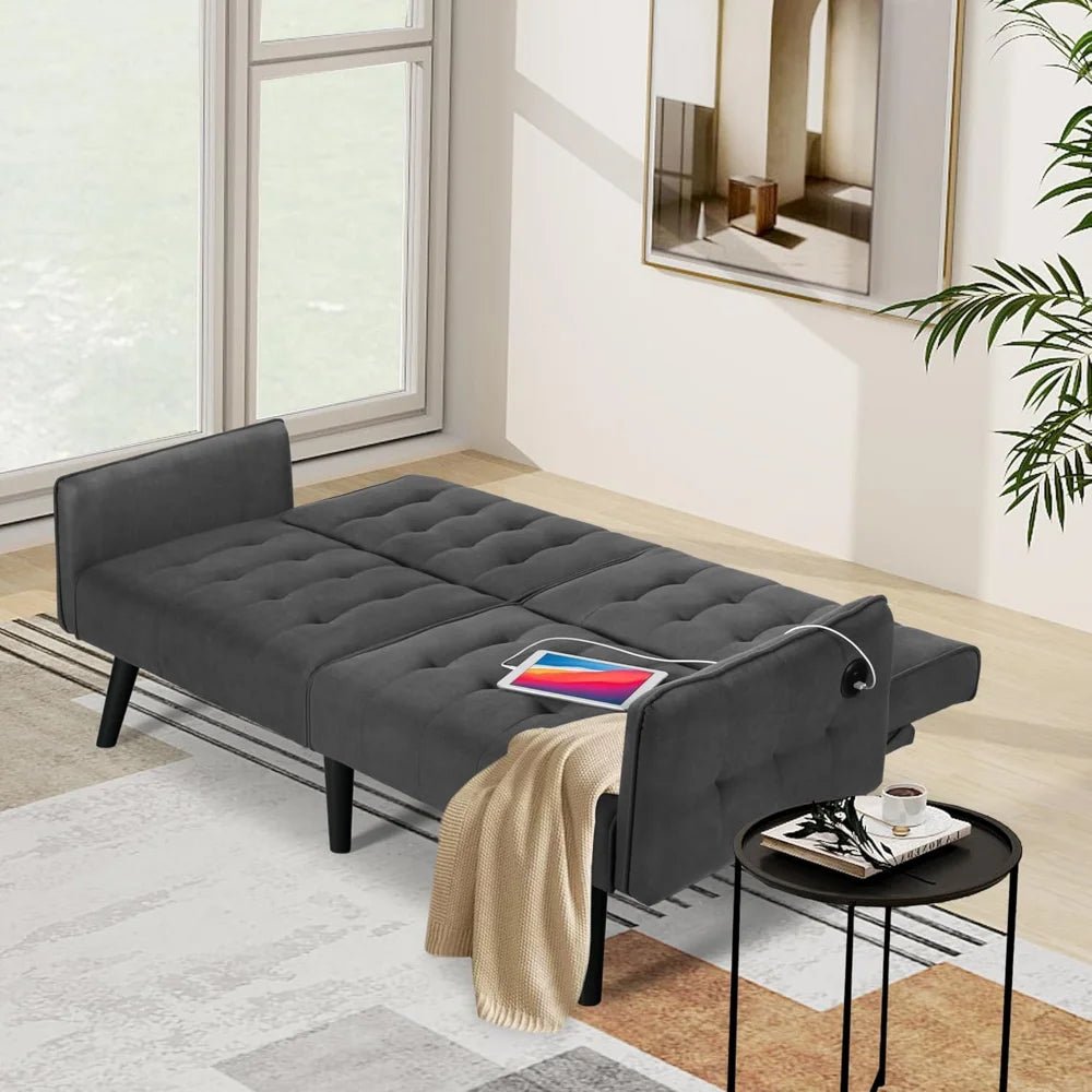 65 Inch Convertible Futon Sofa Bed with USB Small Adjustable Couch