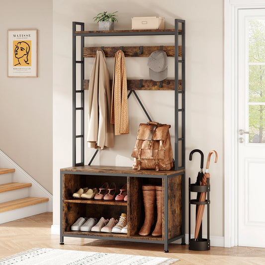 Hall Tree Entryway Bench Coat Rack Shoe Storage Industrial Style