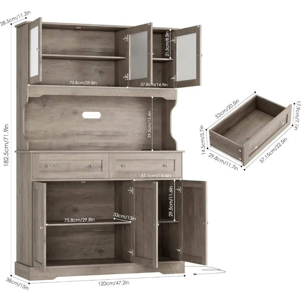 Tall Kitchen Pantry Cabinet with Countertop and Outlets Farmhouse Style