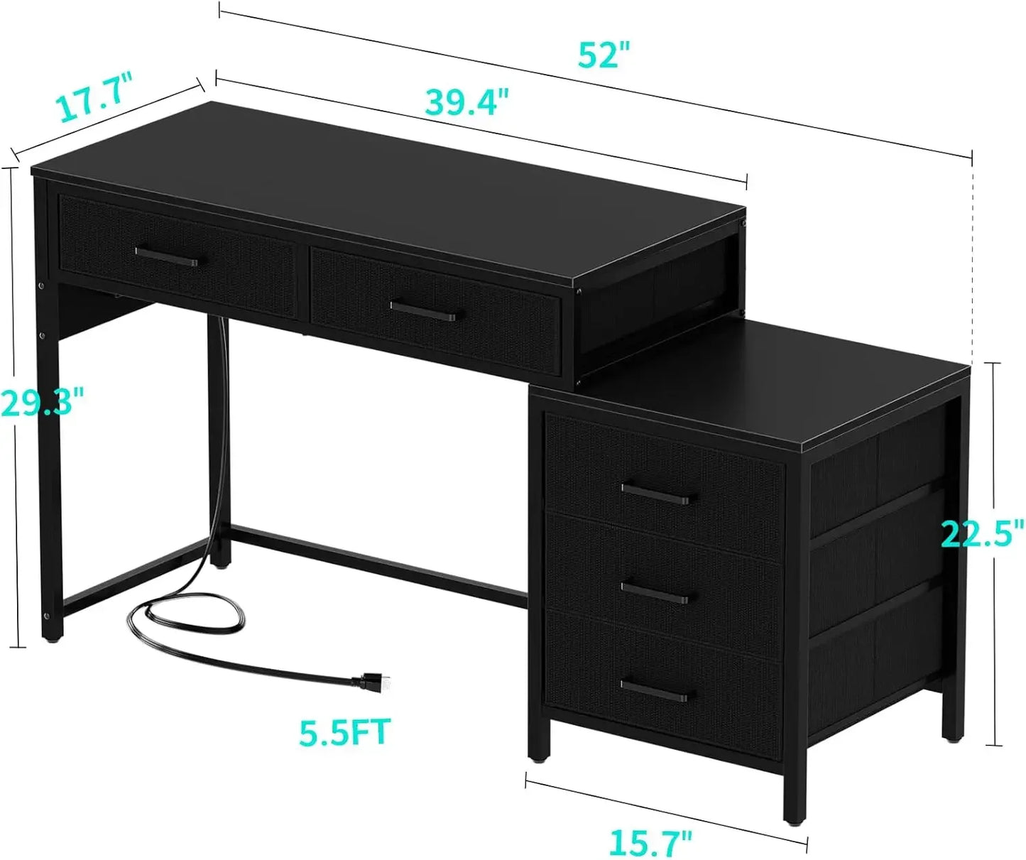 Reversible Computer Desk with 5 Drawers USB Ports Power Outlets