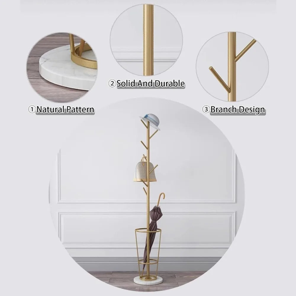 Freestanding Iron Umbrella Stand Coat Rack with Marble Base 7 Hooks