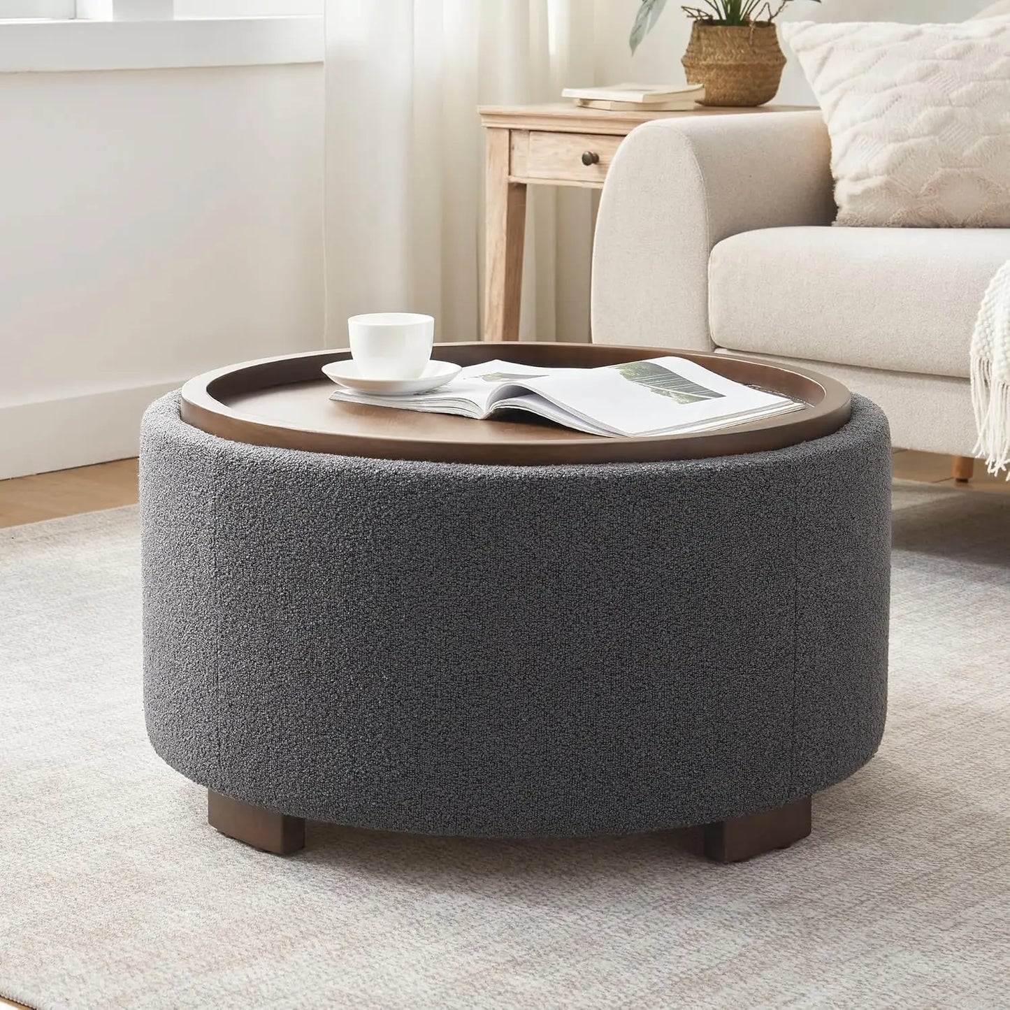 30 Inch Round Storage Ottoman Coffee Table Modern Boucle with Wood Legs