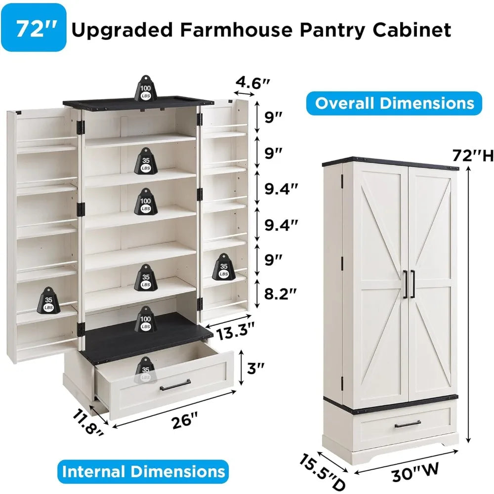 72 Inch Farmhouse Kitchen Pantry Cabinet with Drawer and Barn Doors