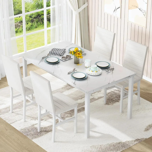 Dining Table Set for 4 Marble Top with Comfortable PU Leather Chairs