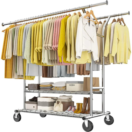 Heavy Duty Double Rod Clothing Rack with Wheels 630LBS Capacity
