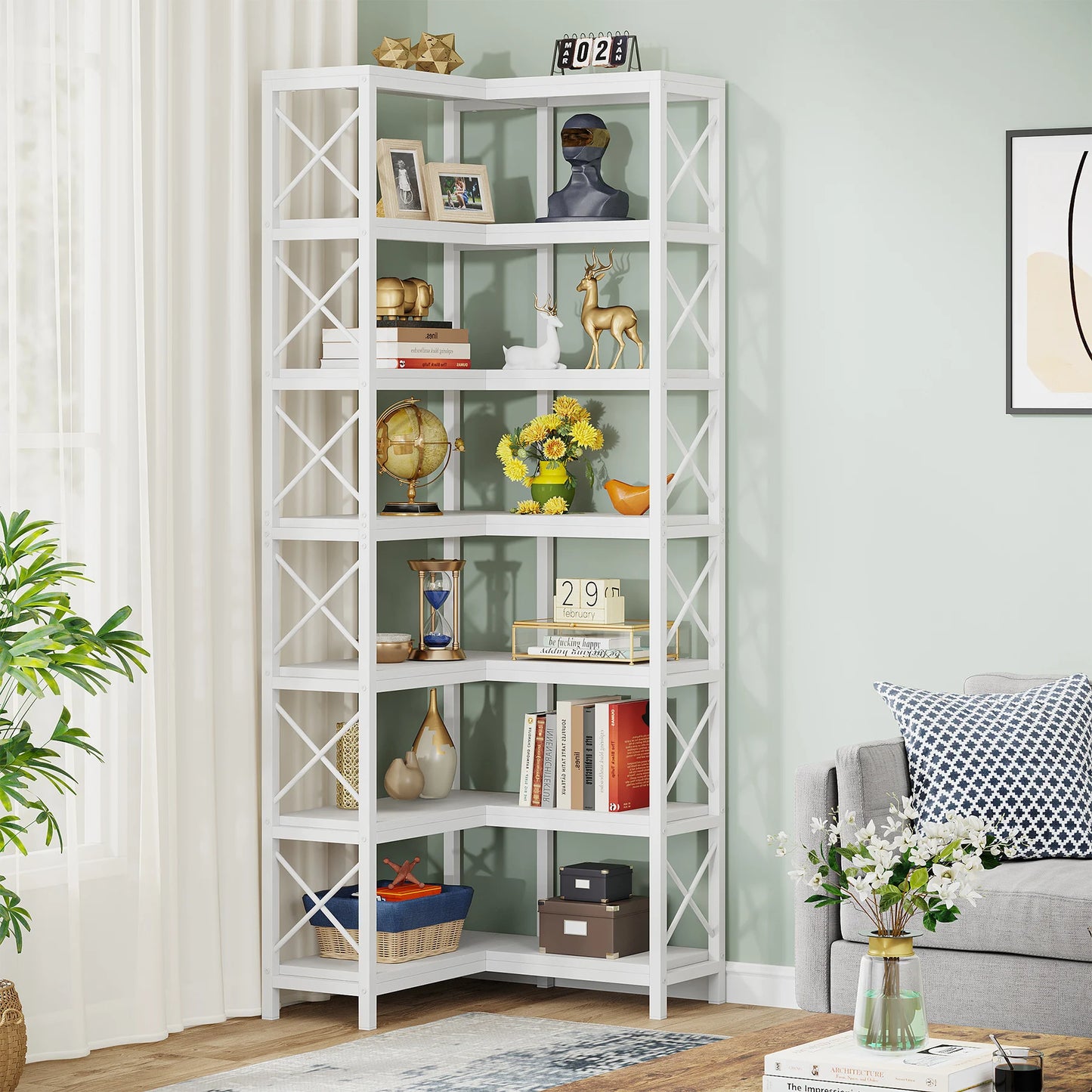 Ljustra 7-Shelf Corner Bookshelf Modern Corner Bookcase Storage Rack