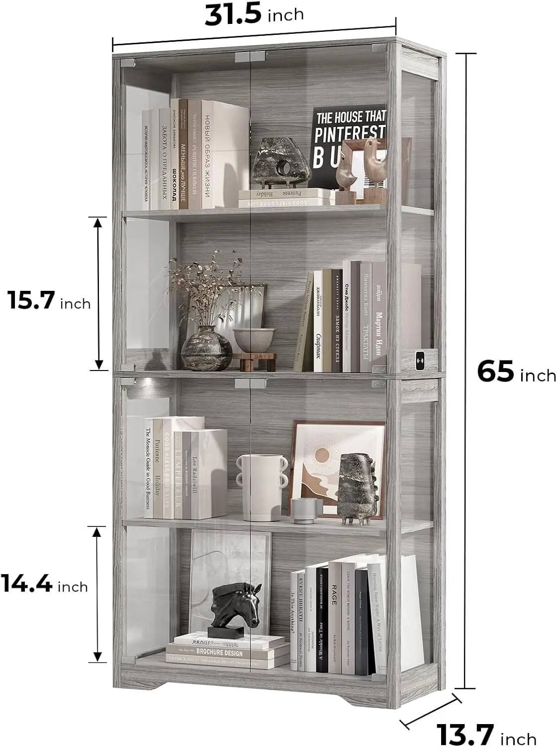 Display Cabinet Glass Doors Curio Cabinet 4-Tier LED Lights Collectibles