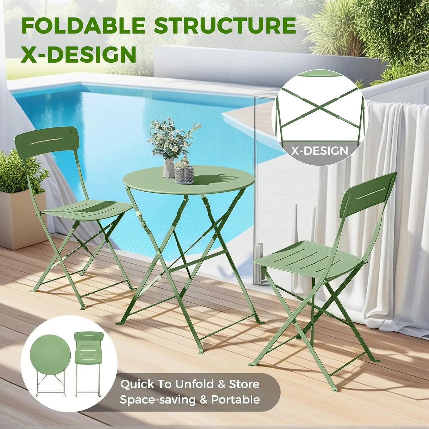 Ljustra Patio Bistro Set 3-Piece Folding Outdoor Furniture Garden Table