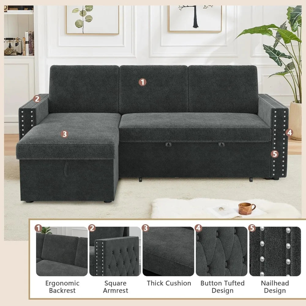 Reversible Sleeper Sectional Sofa Tufted Chenille L-Shaped Couch