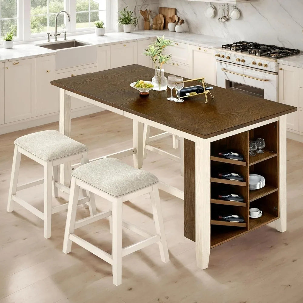 Solid Wood Counter Height Kitchen Island Table Set with Stools