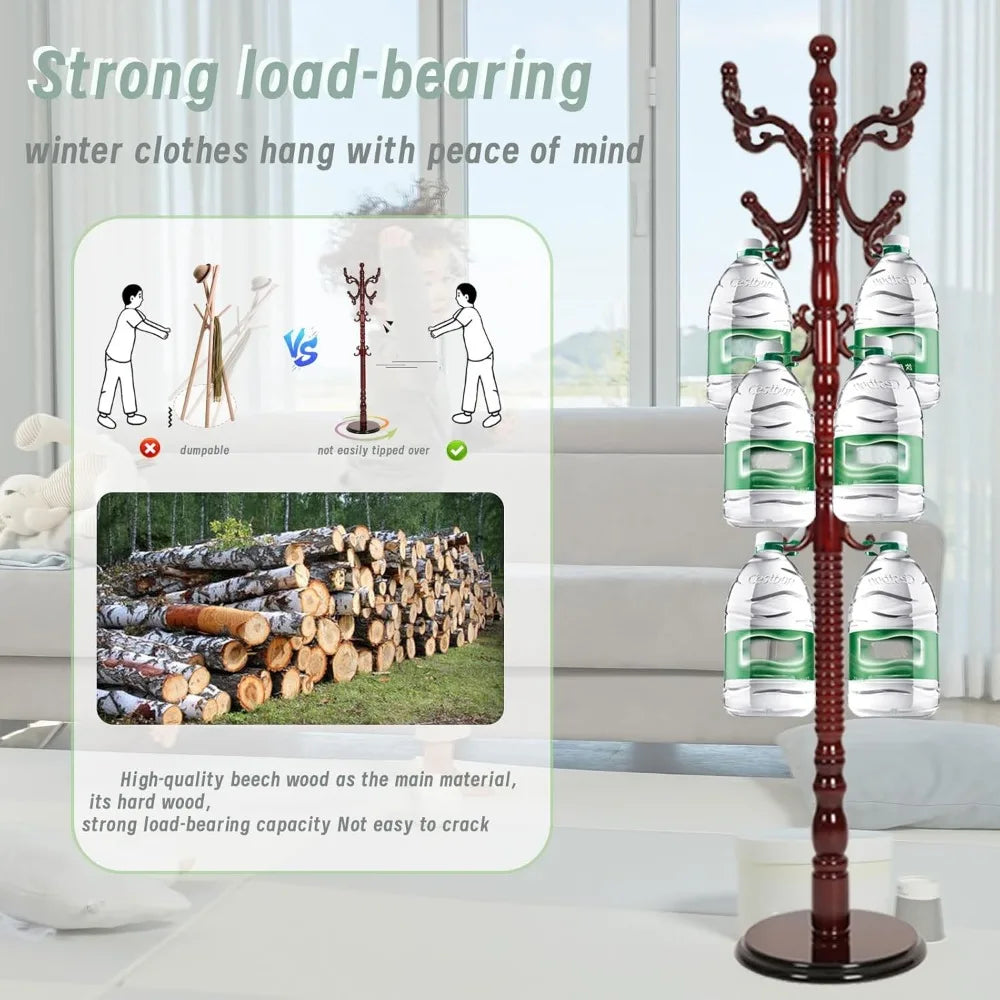 Freestanding Coat Rack Solid Wood 14 Hooks Adjustable Height Stand