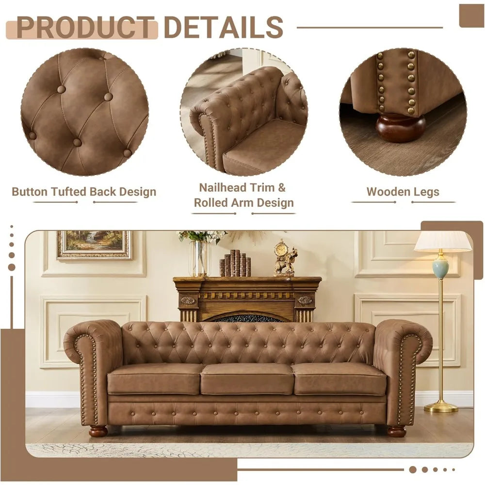 Ljustra Chesterfield Leather Sofa Mid Century Modern Couch 89 Inch
