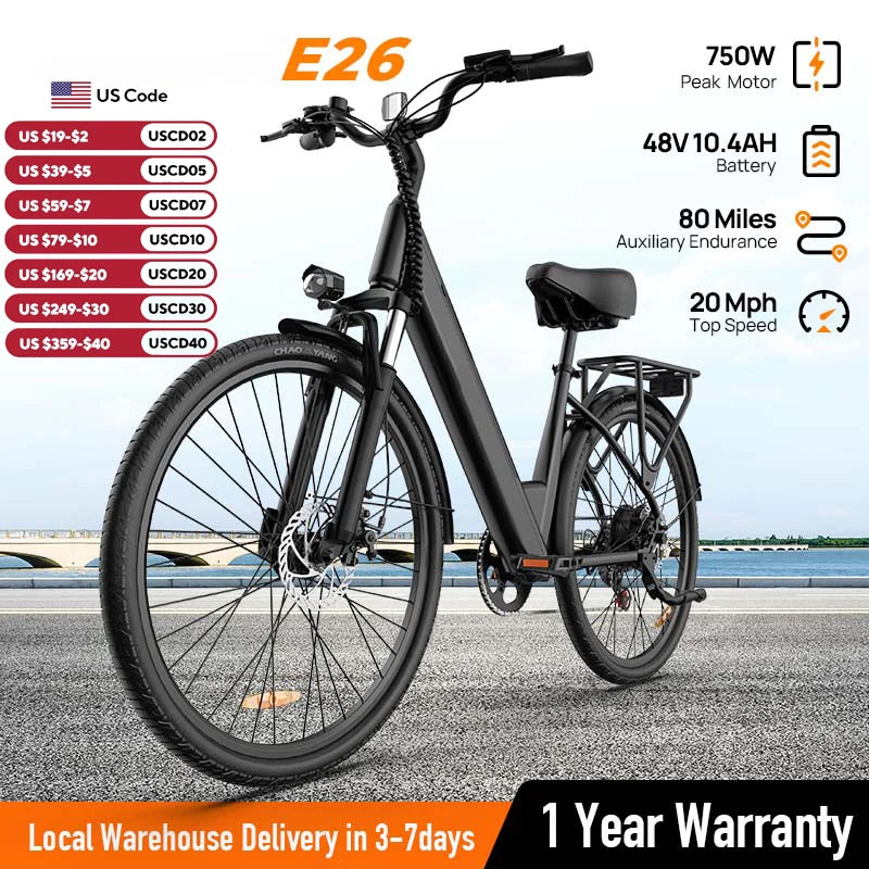 Peak 750W Electric Bike Adults 48V 10.4Ah Removable Battery 20MPH