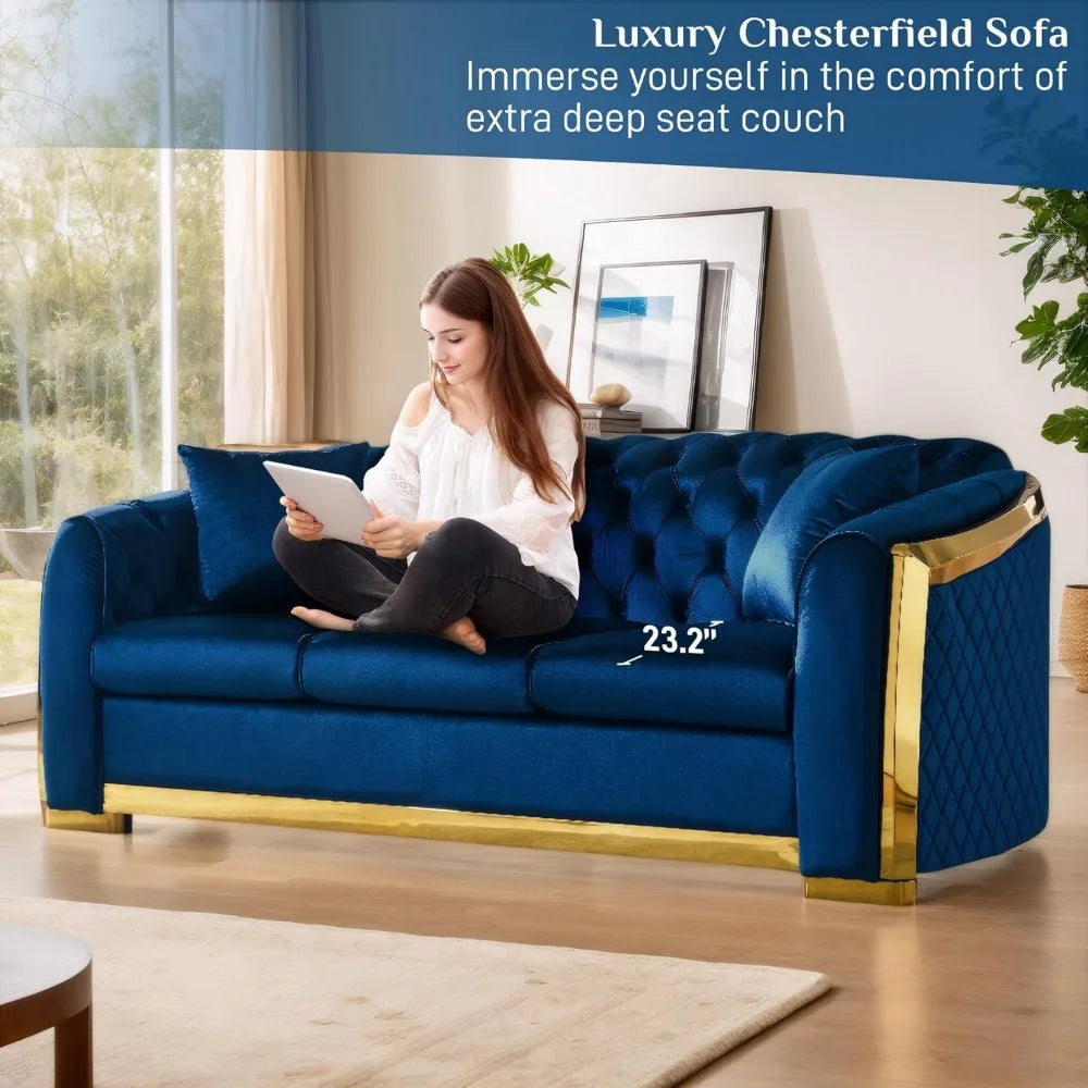 Ljustra Mid Century Modern Chesterfield Sofa Blue Gold Velvet Couch