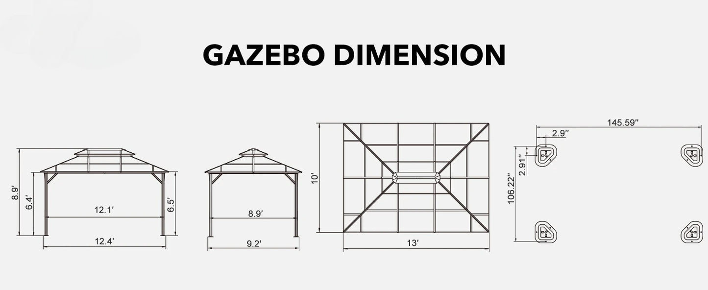 Ljustra 10X13FT Outdoor Gazebo Hardtop Canopy with Netting & Curtains