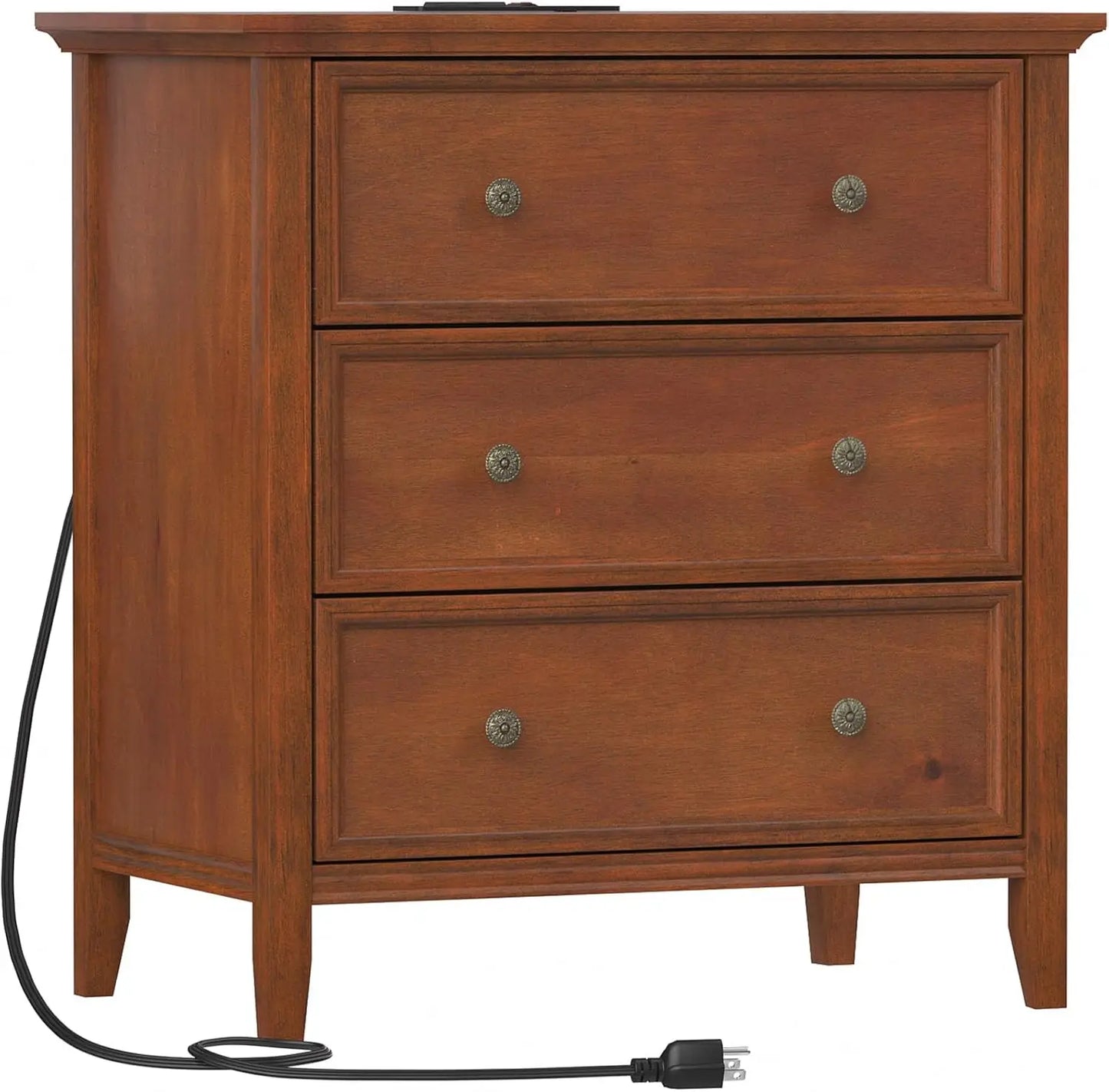 Nightstand with Charging Station 3 Drawers Solid Wood Bedroom Furniture