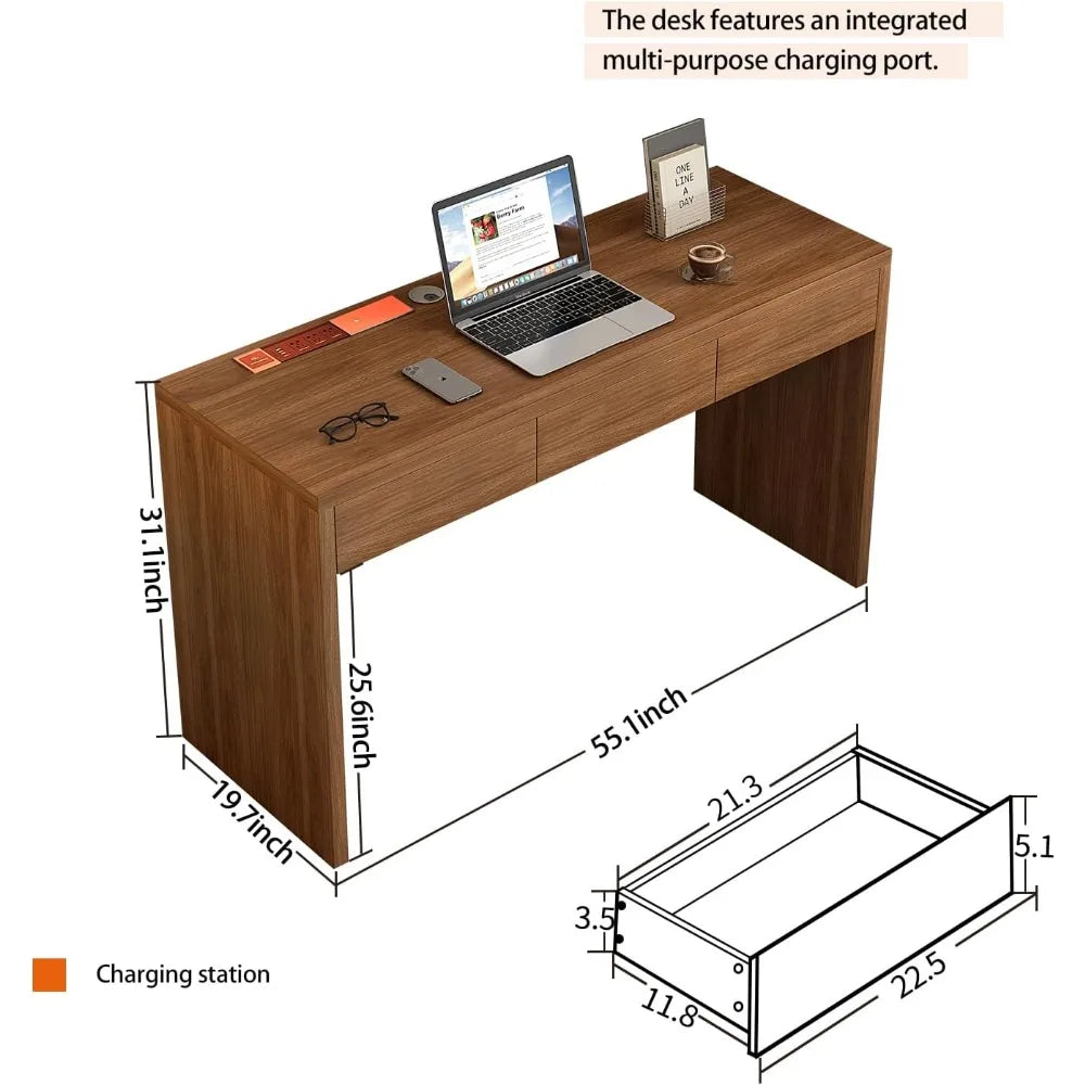 55 Inch Office Desk with Built-In USB Outlet and 3 Drawers for Home Office