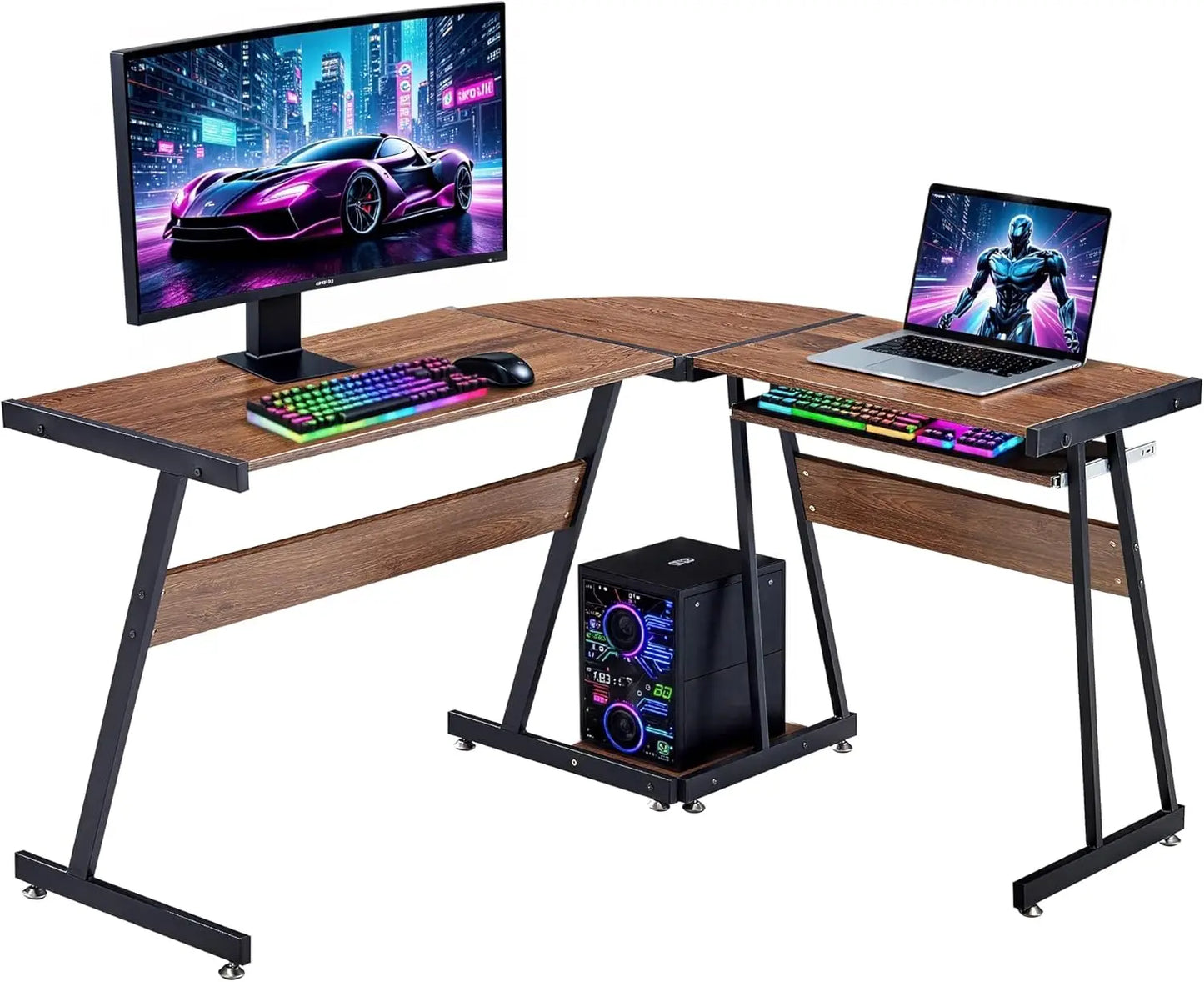L-Shaped Gaming Desk with Keyboard Tray and CPU Stand Reversible 58 Inch