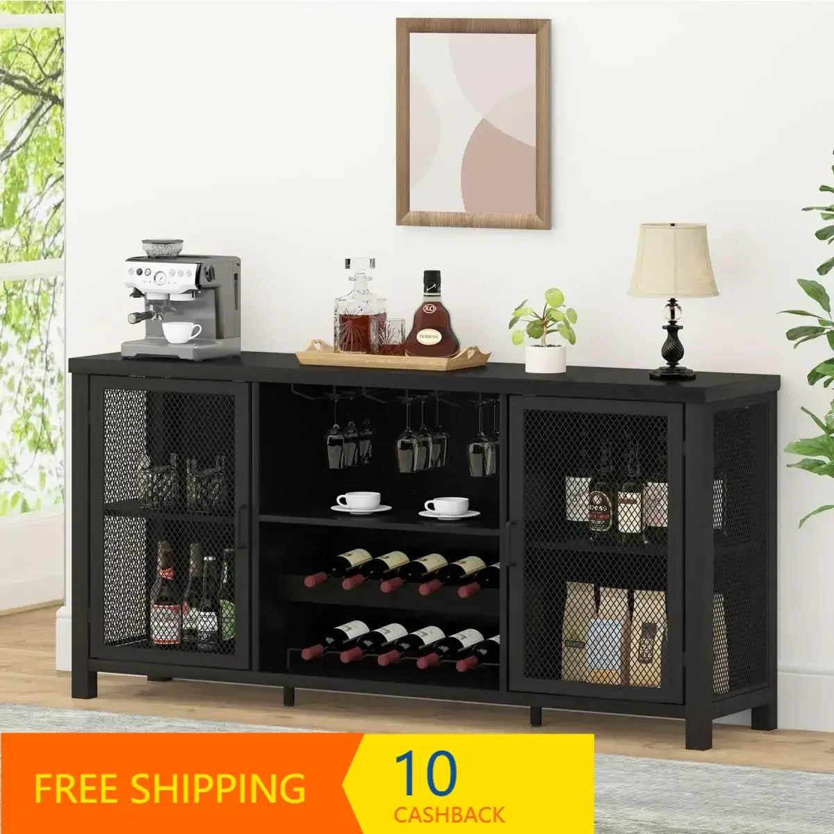 Black Wine Bar Cabinet Coffee Bar Buffet Storage Industrial Style