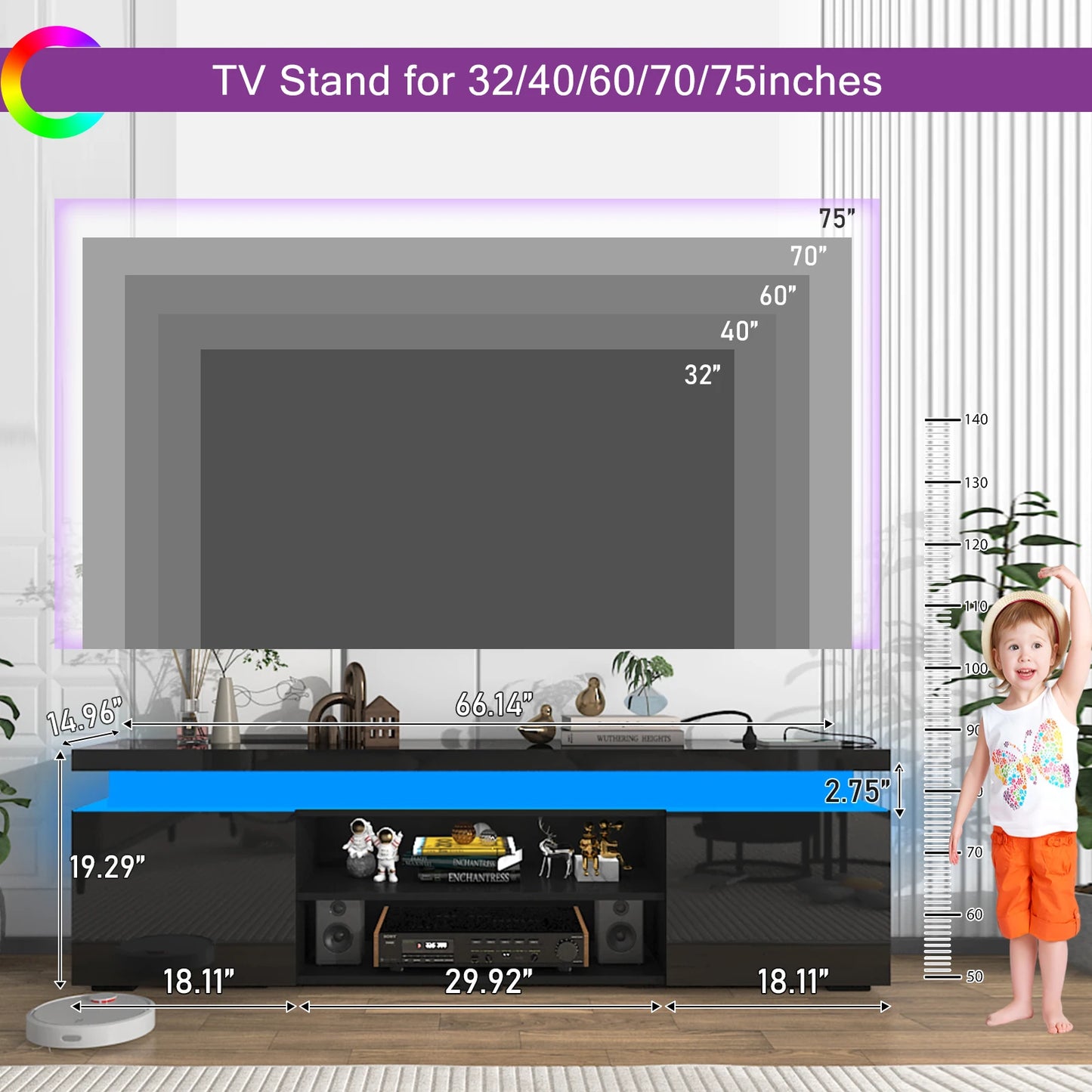 66 Inch LED TV Stand Modern Gaming Cabinet with Power Outlet Storage