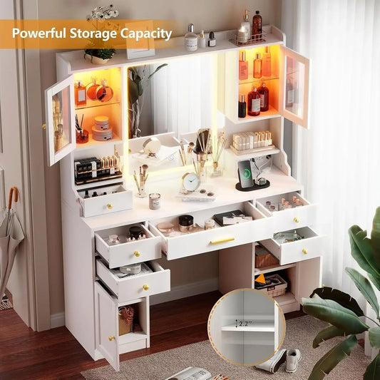 Large Vanity Table Set with Charging Station Makeup Desk and RGB Lights