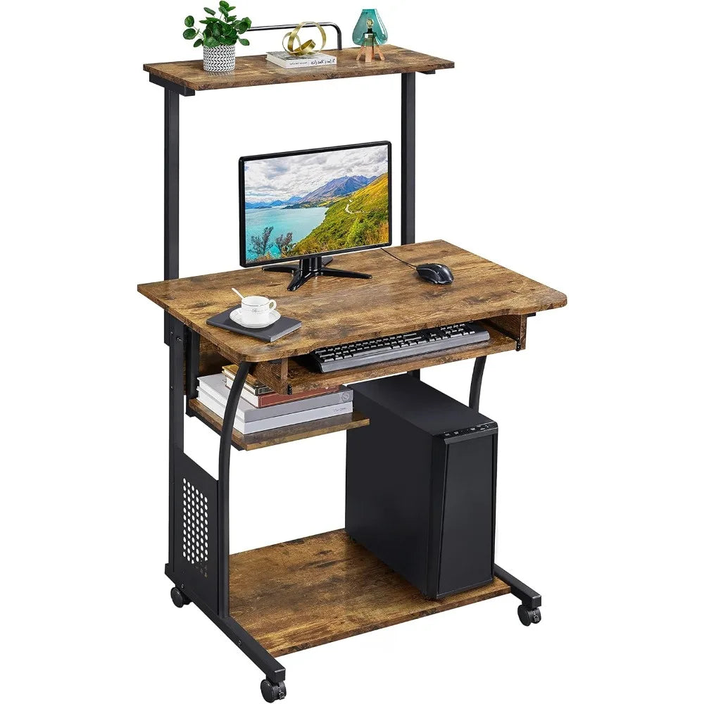 3-Tier Rolling Computer Desk Mobile Office Desk for Small Spaces