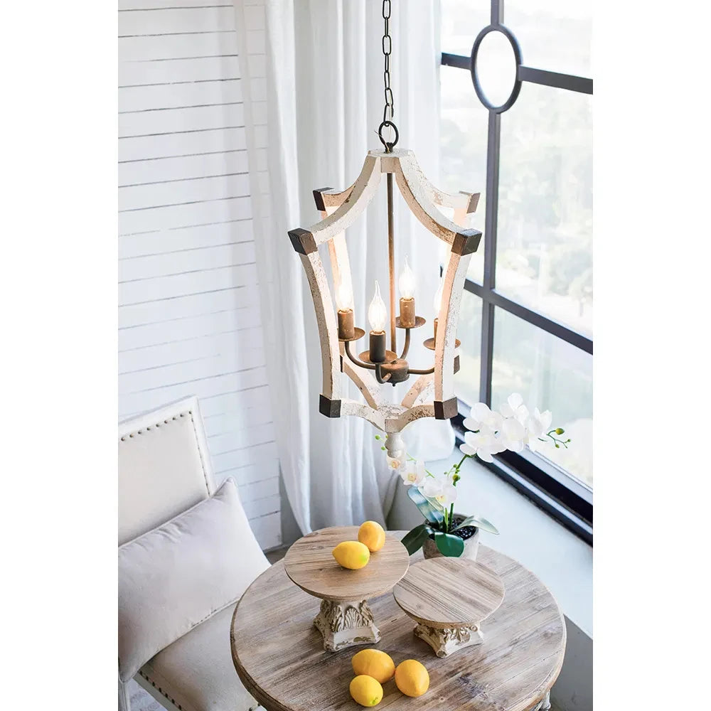 4-Light Wood Chandelier Adjustable Chain Fixture for Dining Room