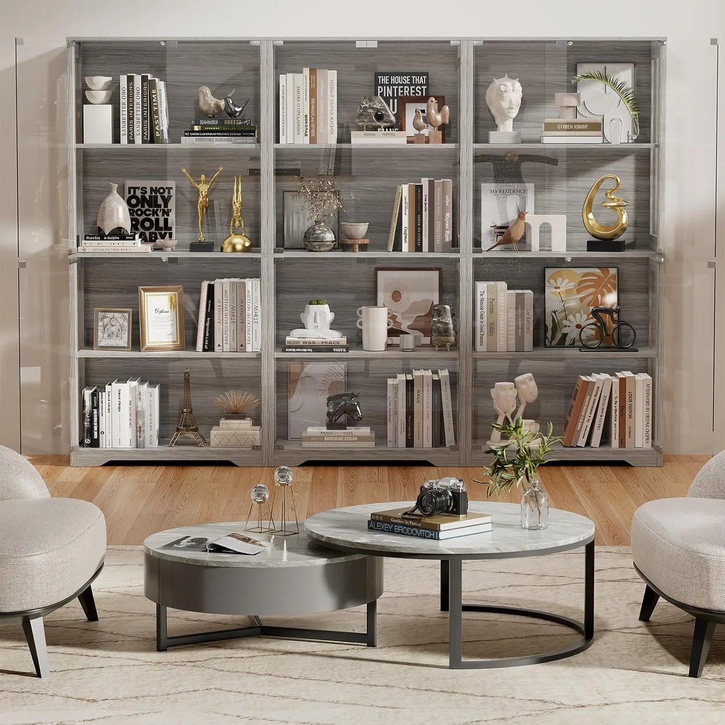 Display Cabinet Glass Doors Curio Cabinet 4-Tier LED Lights Collectibles