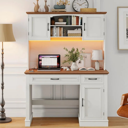 Farmhouse Executive Desk with Hutch LED Light Charging Station Storage