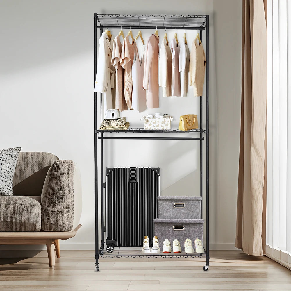 Portable Storage Closet with Wheels Heavy Duty Garment Rack with Cover