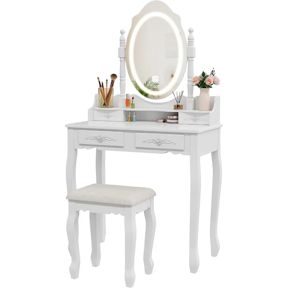 Modern Vanity Desk Set with Mirror Lights Makeup Table 4 Drawers
