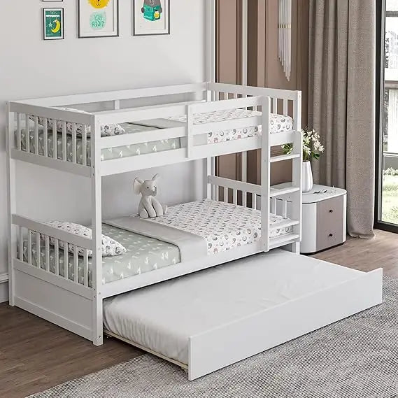 Twin Over Twin Bunk Bed with Trundle Solid Wood Convertible Frame