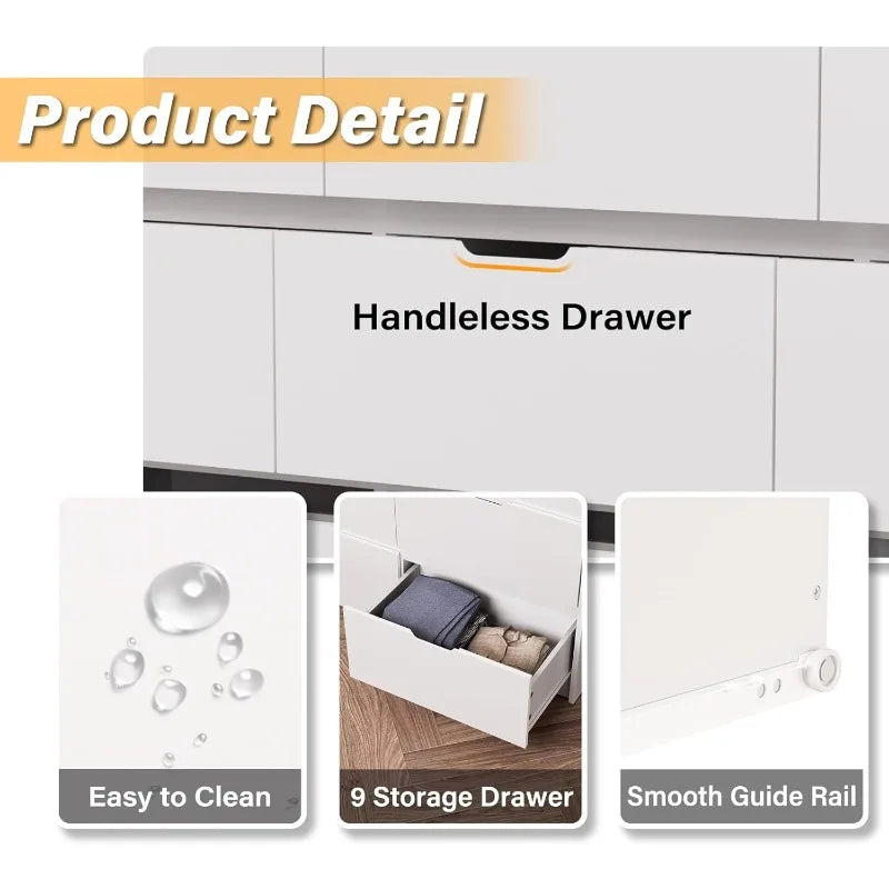 Large White Dresser with 9 Drawers Modern Chest for Bedroom Living Room