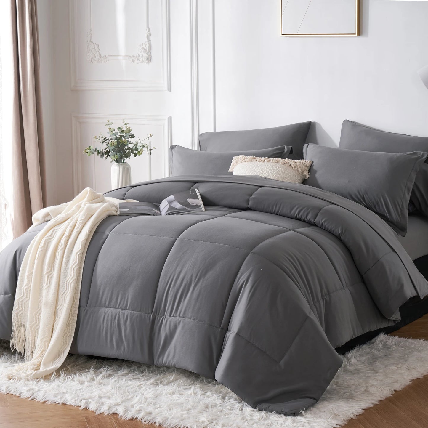 7 Piece Bed In A Bag Comforter Set Queen Stylish Solid Geometry Bedding