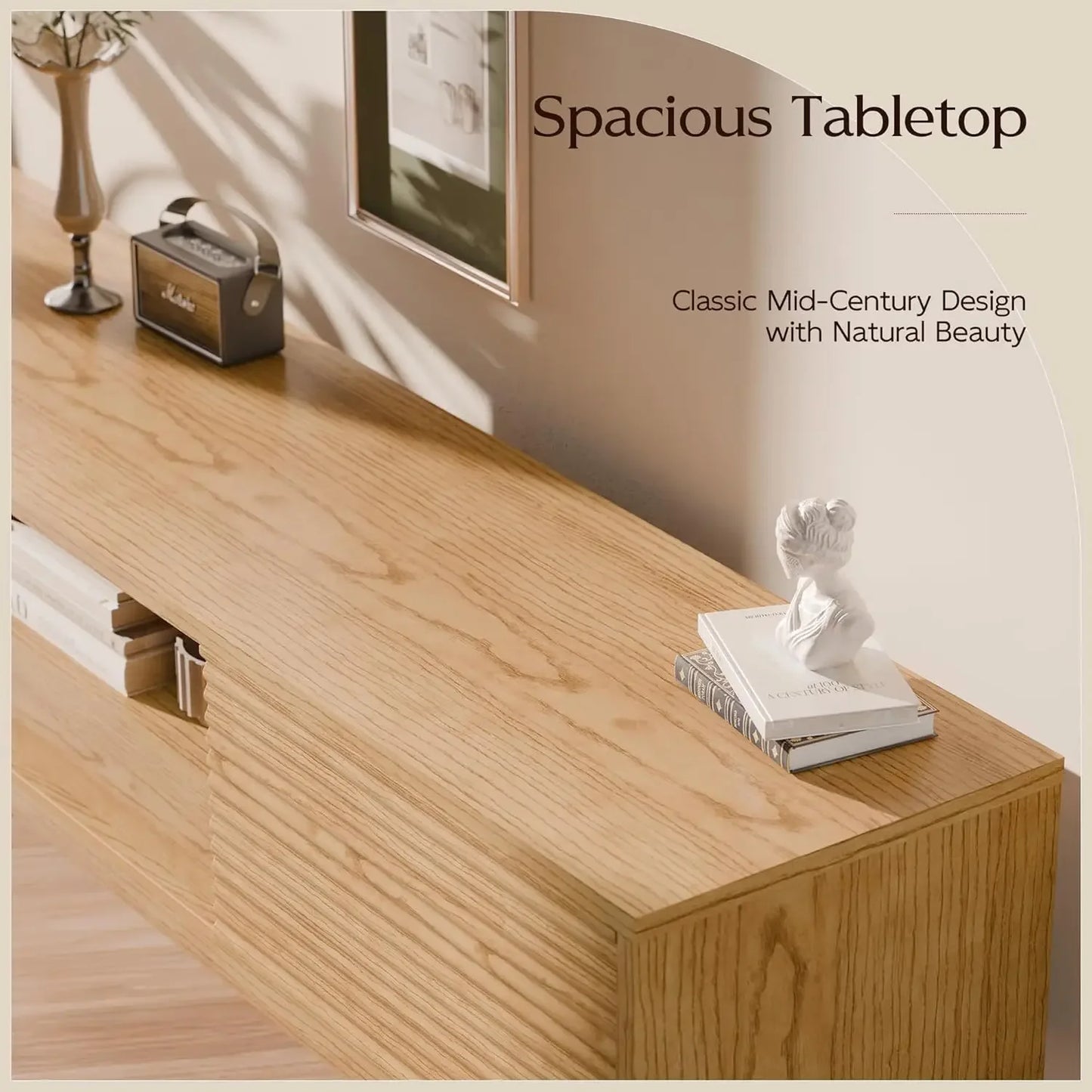 70 Inch Mid Century Modern TV Console Low Profile Media Stand Oak