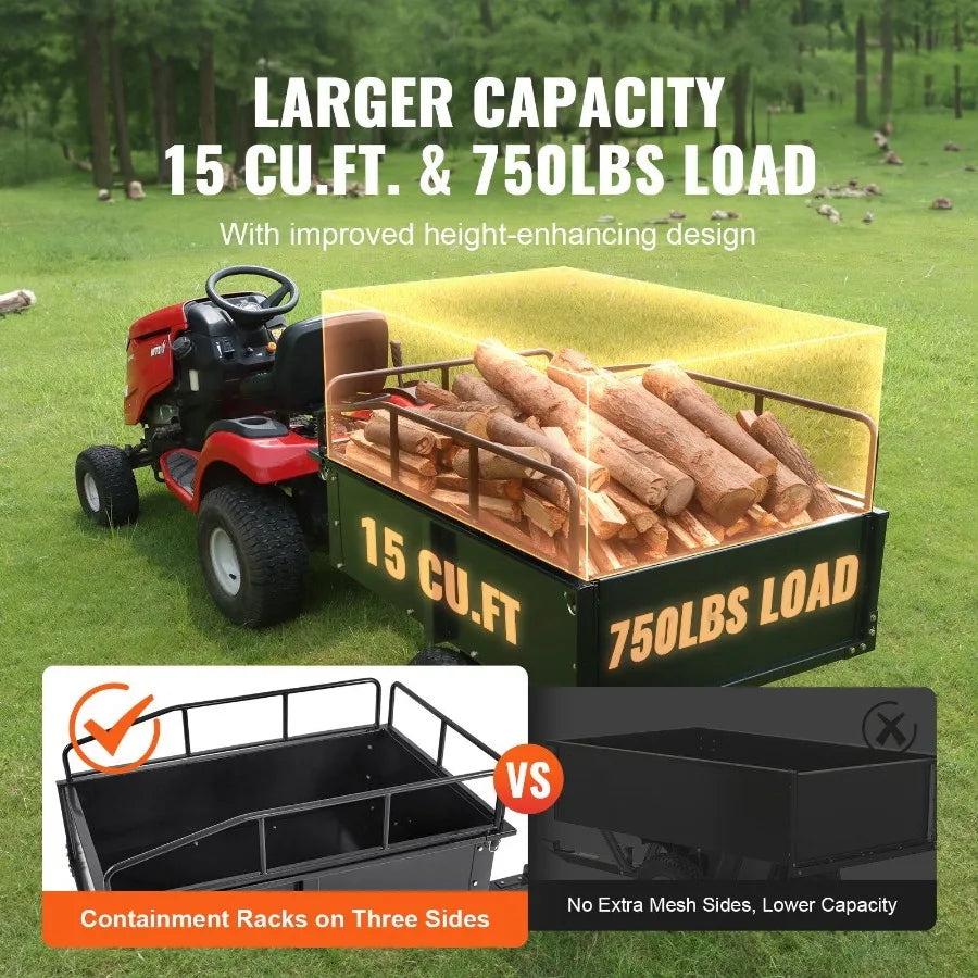 Heavy Duty ATV Trailer Steel Dump Cart 750lb 15 Cu Ft Garden Utility