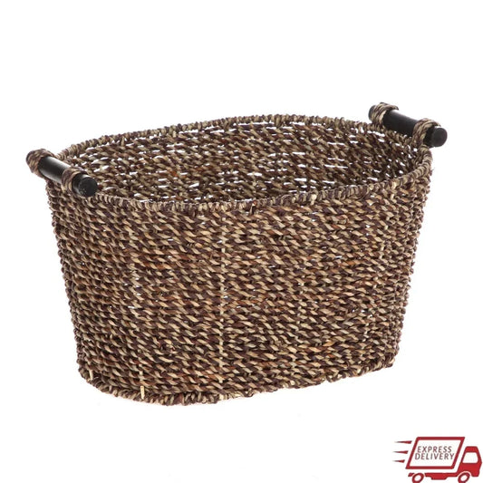 Oval Seagrass Storage Basket with Wooden Handles Decorative Home Storage