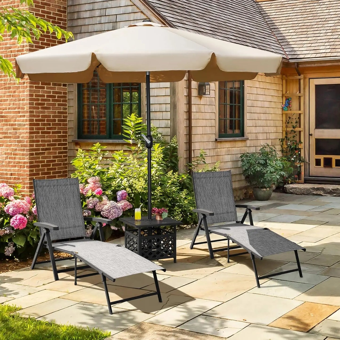 Outdoor Folding Chaise Lounge Set 2 Adjustable Reclining Chairs