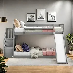 Softsea Twin Over Twin Low Bunk Bed with Slide and Stairs for Kids