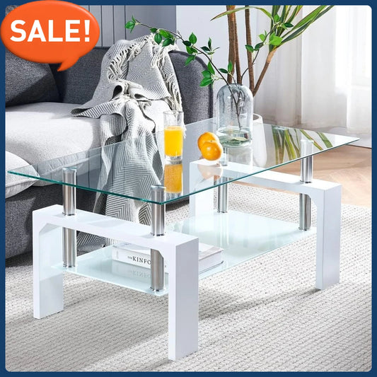 Modern Rectangle Coffee Table with Wooden Legs and Glass Top for Living Room