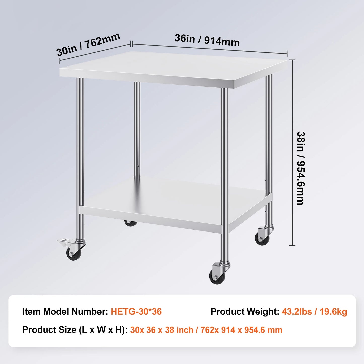 Heavy Duty Stainless Steel Work Table with Wheels Adjustable Height
