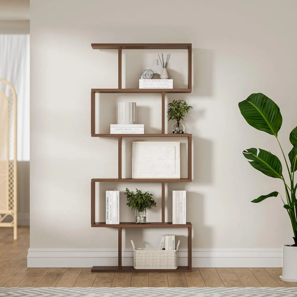 Brown 5-Tier Geometric Bookcase Modern Room Divider Bookshelf Set of 2
