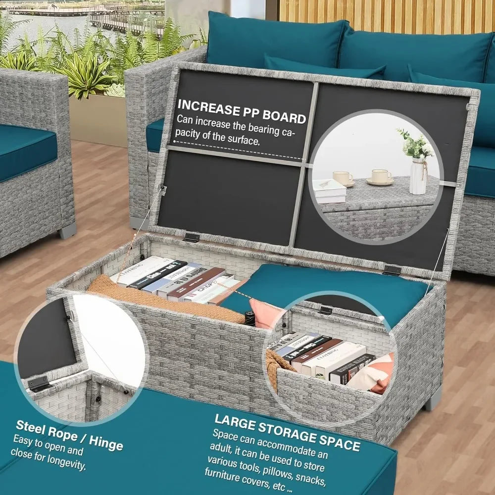 Ljustra 7 Piece Gray Rattan Patio Furniture Set Outdoor Sofa Storage Table