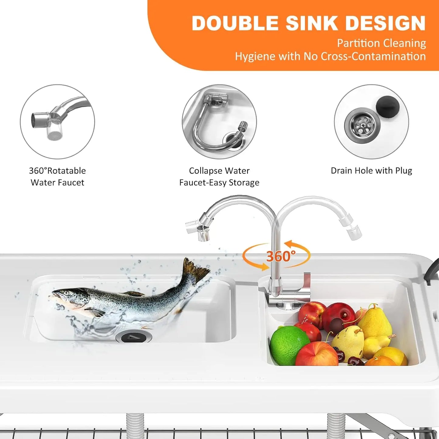 Folding Fish Cleaning Table with 2 Sinks Portable Camping Outdoor