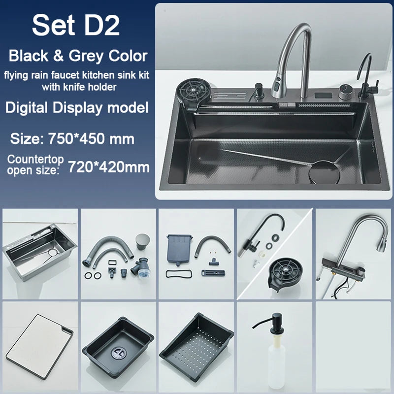 Large Stainless Steel Kitchen Sink with Waterfall Faucet and Display