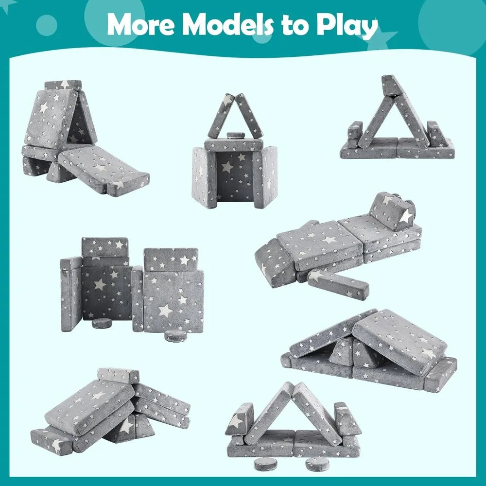 Modular Kids Play Couch 10PC Sofa Set Glow in Dark Foam Fort w/ Washable Cover