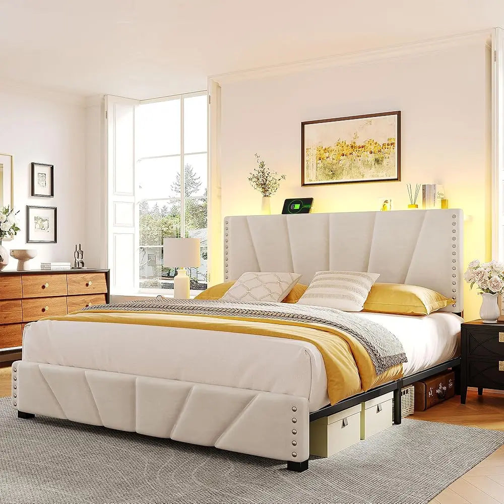 LED Bed Frame Velvet Storage Headboard with Charging Station Easy Assembly